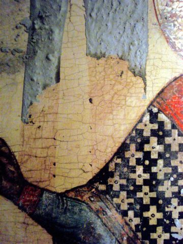 Icône russe pendant nettoyage et restauration. Belle peinture, feuille d'or or avec cadre en leçon sculpté et argenté, vers 18 siècle . Tempera sur levka sur bois