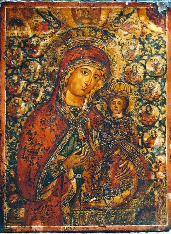 Ancien icône greque pendant la restauration.. Belle peinture sur fond or vers 18 siècle Tempera sur levka sur bois