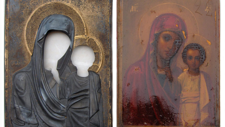 Icône russe Vierge Kazan peinture huile sur bois oklad