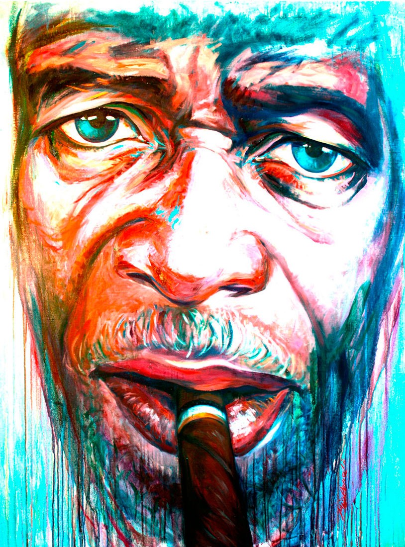 Let's look III regard homme cigare fumeur smoker cuba digital painting printing on aluminum panel peinture digitale impression sur panneau aluminium