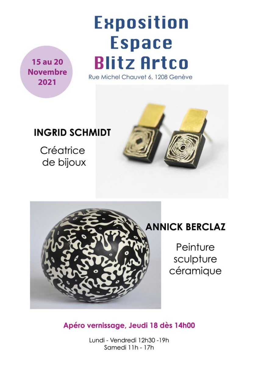 Exposition de Ingrid Schmidt et Annick Berclaz - du 15 au 20 novembre 2021 1 expo duo flat ingrid et annick 72px