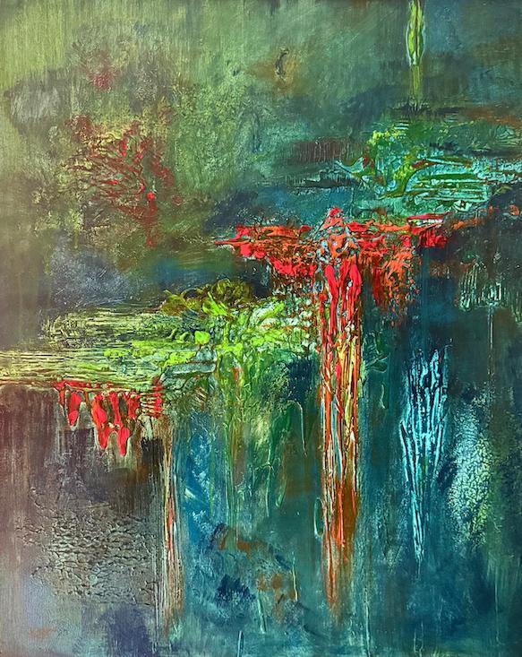 exposition tableau abstrait Peinture abstrait bleu verte, rouge et jeune